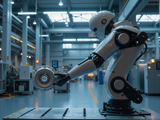 协作机器人应用场景，显示人机协作工作场景，工业环境背景