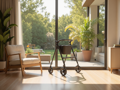 康养外骨骼应用场景，显示老年人辅助行走，温暖科技背景