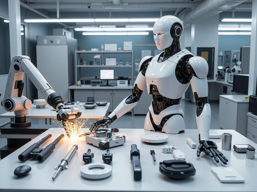 具身机器人应用场景，显示人形机器人在工厂环境中执行任务，金属质感背景